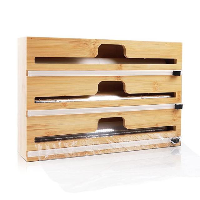 YONGSENINA Plastic Wrap Dispenser With Cutter,3 in 1 Aluminum Foil and Plastic Wrap Organizer and Storage,Bamboo Tin Foil Roll Dispenser For Kitchen,Wax Paper Holder