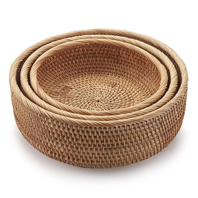 Round Rattan Fruit Baskets Woven Storage Bowls Key Holder Stackable for Shelf Kitchen Tabletop Natural Set of 3