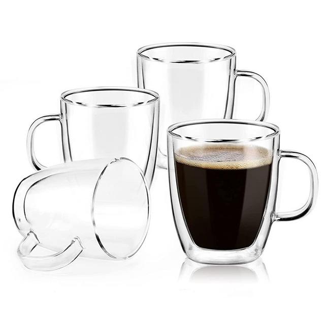 Double Wall Glass Coffee mugs, (Set of 4) 12 Ounces-Clear Glass Coffee Cups with Handle,Insulated Coffee Glass,Cappuccino Cups,Tea Cups,Latte Cups,Beverage Glasses