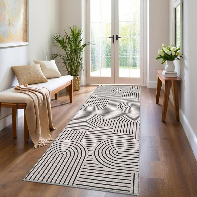 Modern Rug 2.5x10 Runners for Hallways, Abstract Kitchen Runner Rugs Non Slip Bath Runner, Rainbow Washable Rug for Bedroom, Soft Long Rugs for Entryway Bathroom Laundry Dorm, LightCamel