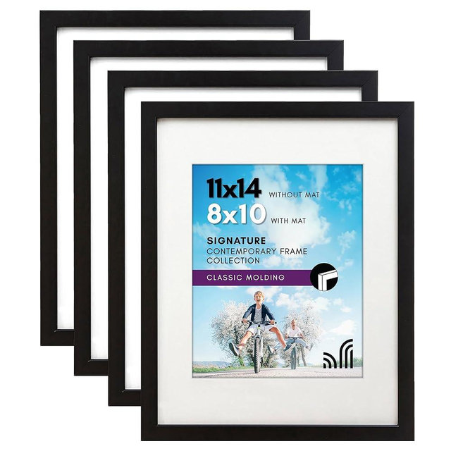 Americanflat 11x14 Picture Frame with Shatter-Resistant Glass - Set of 4 - Use as 8x10 Frame with Mat or Display 11x14 Photo Without Mat - Signature Collection - Picture Frames for Wall - Black