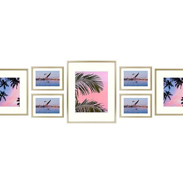 Golden State Art, 7 Pack Frames for One 11x14, Two 8x10, and Four 5x7 inch Pictures. Aluminum Photos Frame for Wall or Tabletop Display (Aluminum Style 1, Gold)