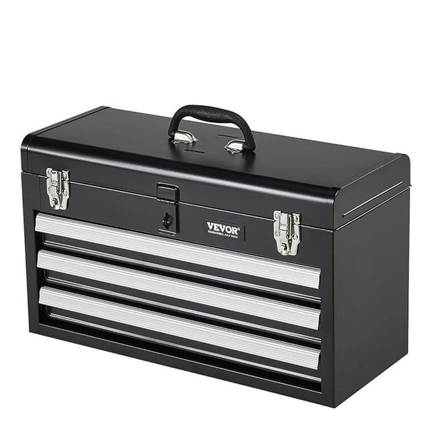 VEVOR Metal Tool Box, 20.5-inch, Portable Metal Tool Box with 3 Drawers, Small Tool Chest with EVA Liners, Ball Bearing Slide Drawers Locking & Powder Coated Finish, Multi-Function Tool Organizer