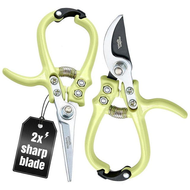 Modern Sprout Hand Pruners & Shears Set with Blister Pack - Lightweight Gardening Tools with Easy Lock - Sharp Carbon Steel Blades -Rust Resistant Scissors for Herbs, Flowers - Chartreuse