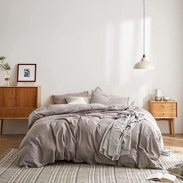 DAPU Linen Cotton Duvet Cover Sets 55% French Linen 45% Cotton Duvet Cover with 2 Pillowcases with Button Closure (Gray/Linen Cotton, King)