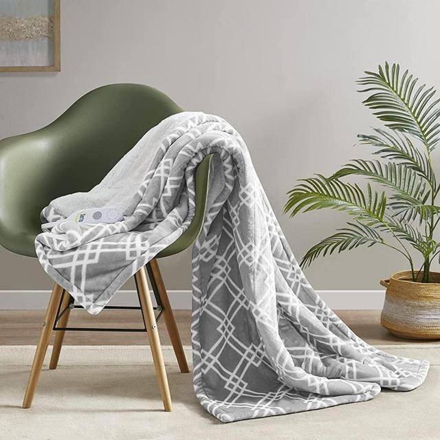 Serta Pace Reversible Ogee Plush to Sherpa Throw Ultra Soft Knitted Electric Blanket,Cozy and Snuggly Cover for Cold Weather, Auto Shut Off, Multi Heat Setting Controller, 50"x60", NeutralGreyGeo