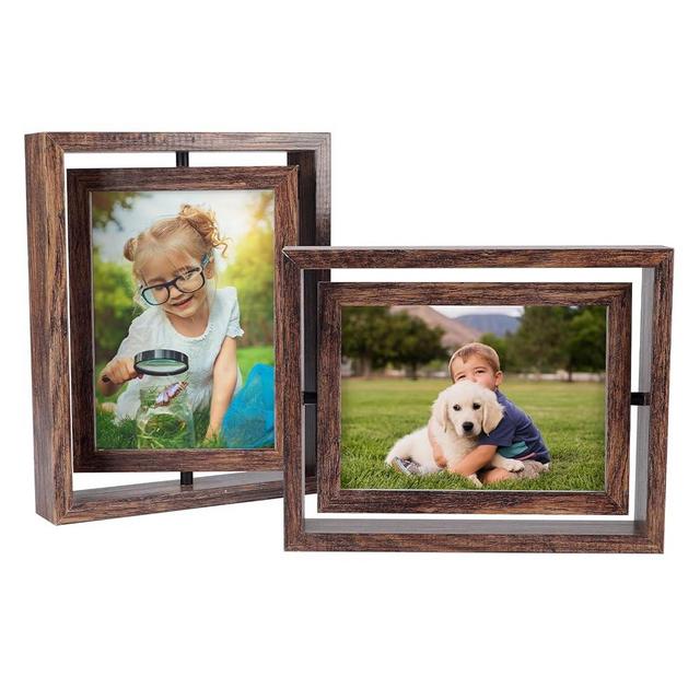 Serwrsw 5x7 Rotating Picture Frame 2 Pack, Double Sided Glass Floating Frame for Office Pressed Flowers, Adjustable Rustic Desk Standing Frame for Bedroom Living Room Framing Photo Artwork