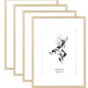 Yaetm 16x20 Picture Frame Matted to 11x14 Set of 4, Natural Solid Oak Wood 16x20 Frame for Gallery Wall, Photos, Posters & Art Prints, Horizontal and Vertical Wall Mount (4 pack, Oak)