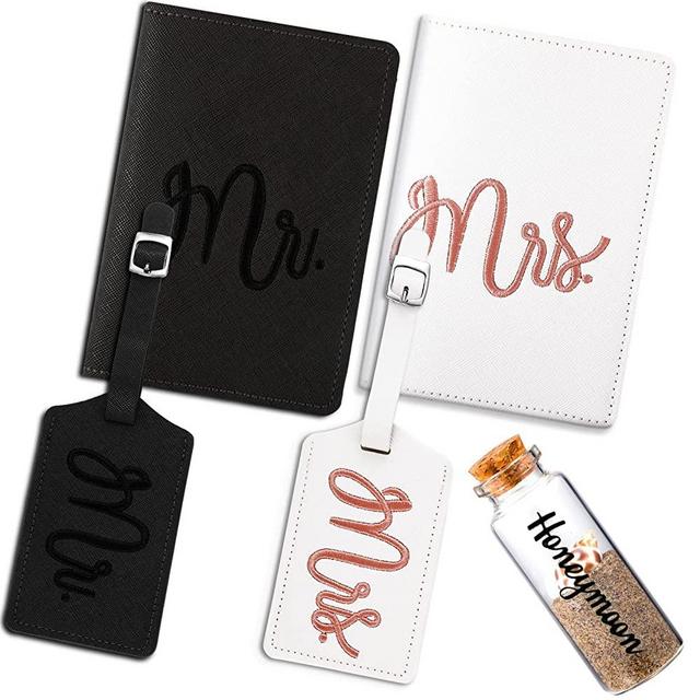 Weewooday 5 Pieces Mr and Mrs Passport Cover Holders and Luggage Tags Valentine's Day Gift Honeymoon Set with Sand Keepsake Jar Bridal Shower Gift for Wedding Engagement Newlyweds Couples