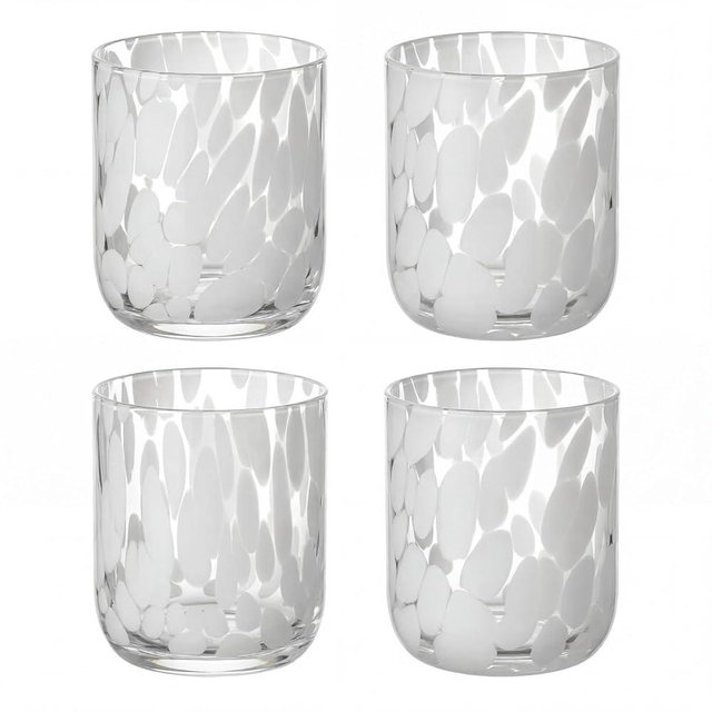 Honeydak 4 Set White Confetti Icon Glass Cups Print 14 oz Icon Juice Stemless Glasses Old Fashioned Cocktail Cups Glassware Summer Tumbler Gifts for Tequila Party Supply, 3.2 x 3.2 x 4 in