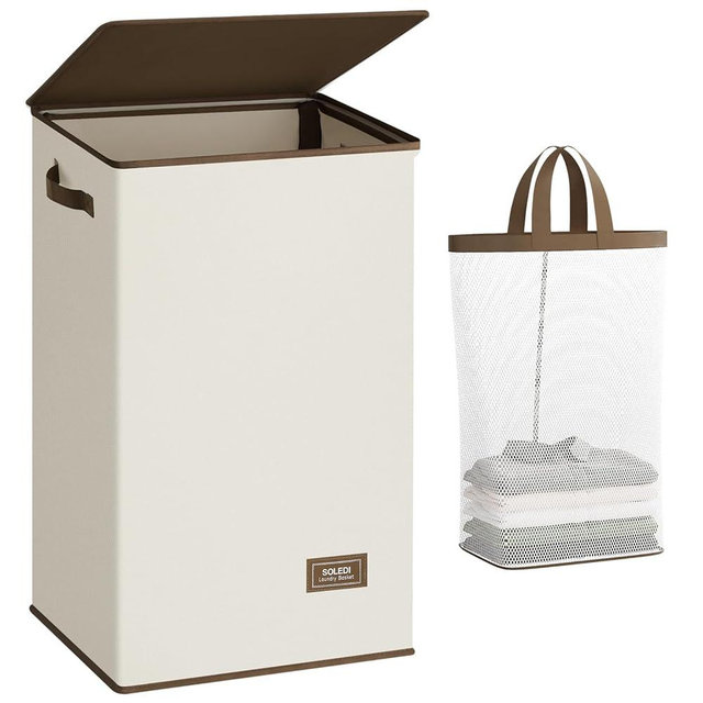 SOLEDI Laundry Hamper with Lid 90L Large & Tall Collapsible Laundry Basket, Clothes Hamper with Bag Removable Easy to Carry, Dirty Hampers for Bedroom, Bathroom, Dorm, College, Off-White