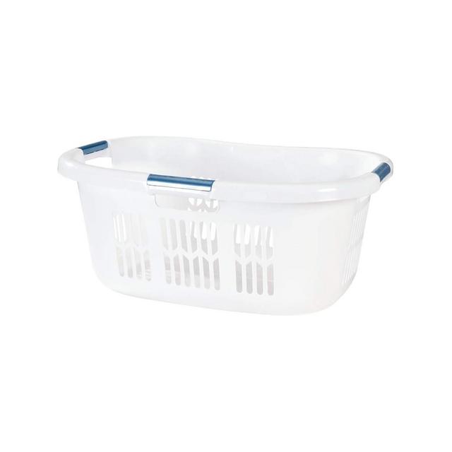 Rubbermaid 2.1-Bushel Small Hip-Hugger Portable Plastic Laundry Basket with Grab-Through Handles, White