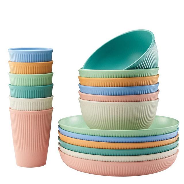 18pcs Wheat Straw Dinnerware Sets, HXYPN Unbreakable Reusable Dinnerware Set Kitchen Cups Plates and Bowls Sets Dishwasher Microwave Safe