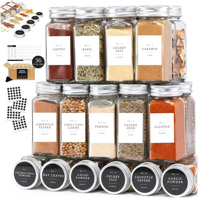Glass Spice Jars with Labels and Organizer Farmhouse, 36Pcs - 4oz Spice Organizer Drawer, Clear Spice Bottles Empty Glass Labels, Spice Organization, Spice Seasoning Containers with Shaker Lids