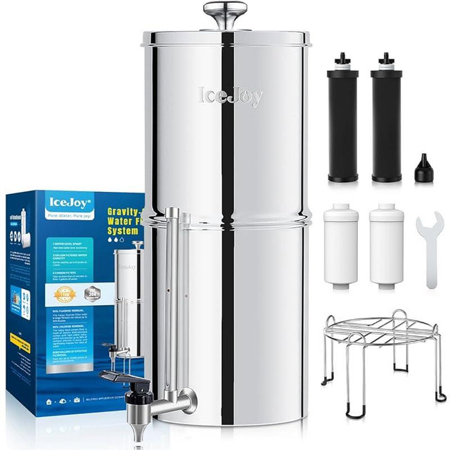 IceJoy 8-Stage Gravity Water Filtration System 3.0 Gallon - 304 Stainless Steel Countertop System with 4 Filters and Stand, Reduce 99.9% Chlorine, NSF/ANSI 42 Certification