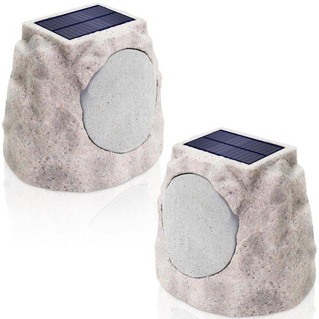 Outdoor Speakers Waterproof for All Seasons & Solar Powered with Rechargeable Battery Rock Speakers Wireless Bluetooth with Colorful LED Light for Garden, Patio (2-Pc, Marble)