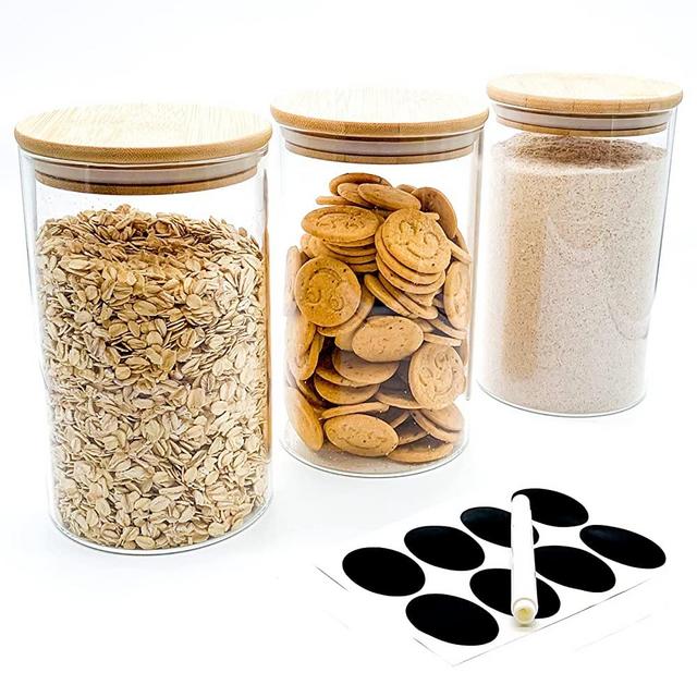 MAINLY the brand 36 FL Oz Glass Jars with Bamboo Lids set of 3, includes extra chalkboard labels and liquid chalk marker. Ecofriendly, Airtight jars perfect for countertop food storage or pantry organization