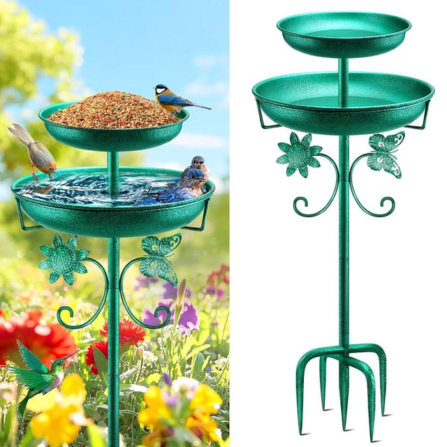Daoeny Bird Bath for Outside, 42In Vintage Freestanding Birdbaths for Outdoors, Double Metal Bird Bath Feeder Bowls for Garden Patio Yard Lawn Decor, Upgraded 5-Pronged Base (Green)