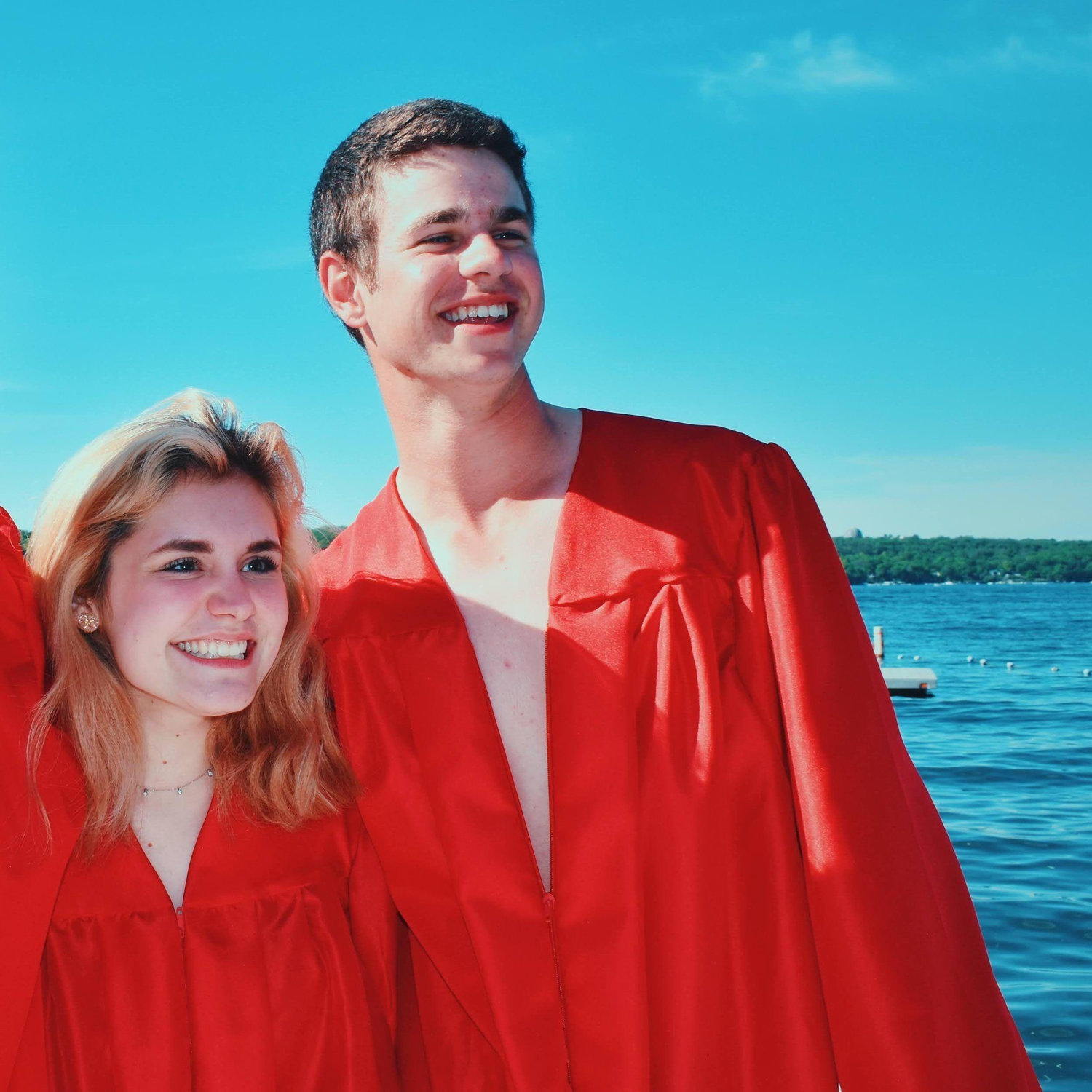 Jeffrey and Lauren at our Covid Graduation ceremony! We decided to jump in the lake the day our actual Graduation Ceremony was supposed to be.