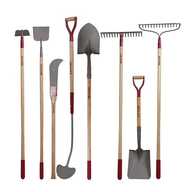 KYLIN 8-Piece Professional Gardening Tools Set with Long Ash Handle for Landscape 14-Gauge Shovels,Forged Rakes,Forged Weeding Hoe Scraper,Heavy Duty Bush Hook