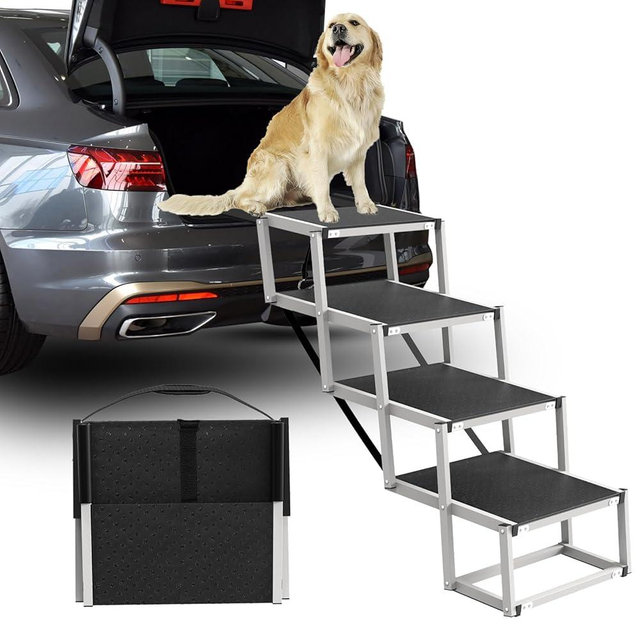 Dog Stairs for Large Dogs - 4 Step Foldable Dog Ramp for Car Non-Slip Surface Support up to 230lbs - Suitable for Sedans, Sofas, Beds