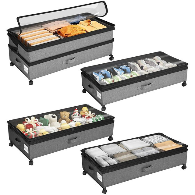 Kitstorack 4 Pack Height-adjustable Under Bed Storage with Wheels, Under Bed Storage Containers,Under Bed Shoe Storage Organizer with Clear Window&Label, Suitable for Clothes Storage, Gray