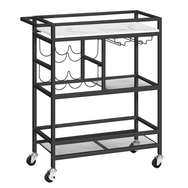 MAHANCRIS Bar Cart for Home, 3-Tier Serving Cart with Wheels and Handle, Beverage Cart with Wine Rack and Glass Holders, Rolling Wine Cart for Kitchen, Dining Room, Marble and Black RCHM6101