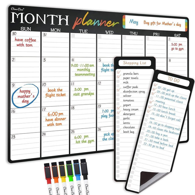 Magnetic Dry Erase Monthly Calendar - 17"x12" Monthly Planner for Fridge - 4"x12" List Pad 2 Pcs - 6 Extra Fine Point Markers Included - Shipped Flat