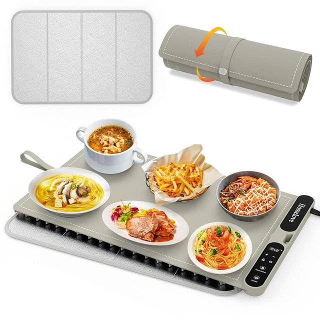 Homelove Warming Mat for Food - Fast Full Surface Electric Warming Tray with 7 Temp-Settings & 8H Timer, Portable Roll Up Food Warmer with Heat Insulation Pad for Gatherings Parties Buffet XL-Khaki