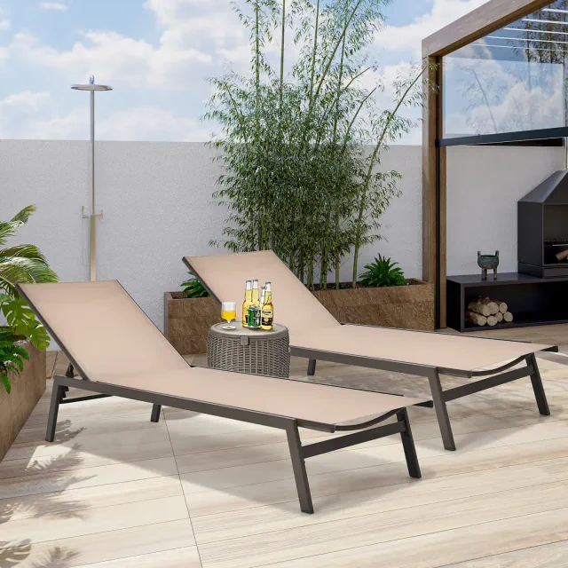 Costway 2 PCS Patio Lounge Chair Chaise Recliner Back Adjustable Garden Brown