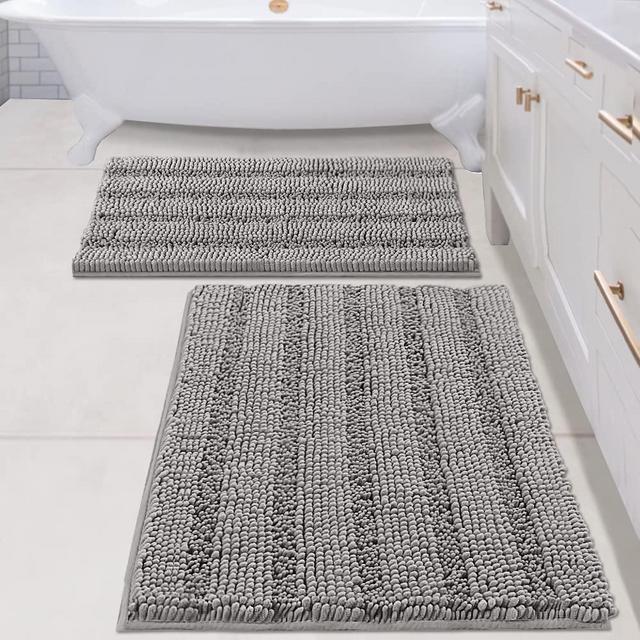 Bathroom Rugs Bath Mats Sets Super Absorbent Chenille Striped Bath Mats Non Skid Machine Wash Dry Rugs for Bathroom Floor Set of 2(Dove Grey, 24 x 36 Plus 20 x 32 - Inches)