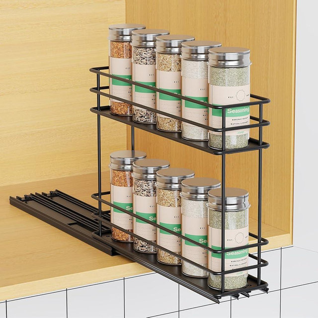 Mystozer Pull Out Spice Rack Organizer for Cabinet, Slide Out Spice Racks Organizer, Easy to Install Spice Cabinet Organizers, 2.75''Wx10.35''Dx8.26''H, 1 Drawer 2 Tiers