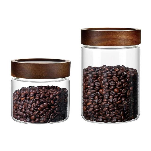 Brighomrom Set of 2 Glass Food Storage Jars, Premium Clear Glass Container Jar with Airtight Wooden Screw Lid, Kitchen Canisters for Coffee,Tea,Pasta,Cookies, Nuts,Spice,Candy,Overnight Oatmeal