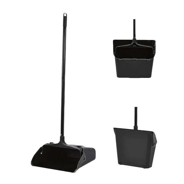Primero Basics Pivoting Upright Dust Pan with Long Handle and Wheels, Large Capacity, Heavy Duty Commercial Dustpan for Indoor Outdoor, Standing Dust Pan for Home and Restaurant Cleaning, Black