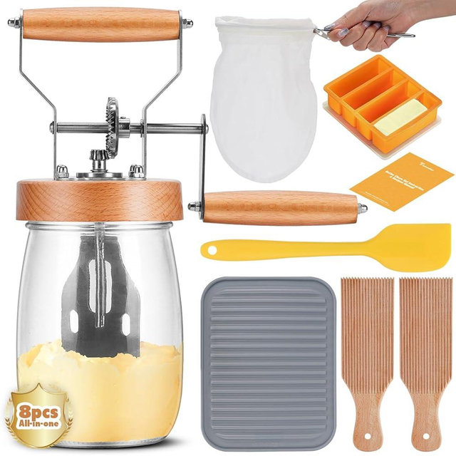 Pro Butter Churner Kit – 35oz Glass Jar with Non-Slip Base, Cheesecloth Strainer, Butter Mold & 2 Wooden Paddles – Make Fresh Homemade Butter, Whipped Cream & Flavored Spreads | DIY Kitchen Gift