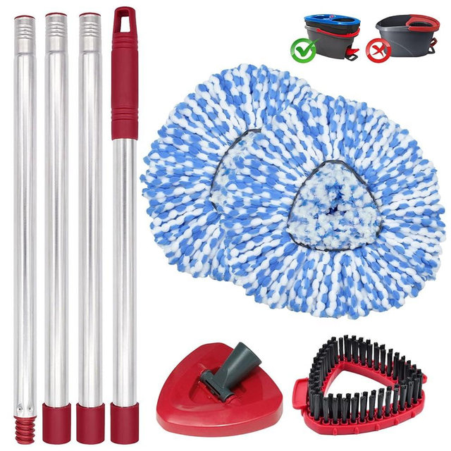 Spin Mop Head Replacement, Base, Mop Handle for Ocedar RinseClean 2-Tank Spin Mop, 2 Microfiber Mop Refills, 4-Section 30-59in Handle, 1 Spin Mop Replacement Head Base and 1 Scrubber (2-Tank System)