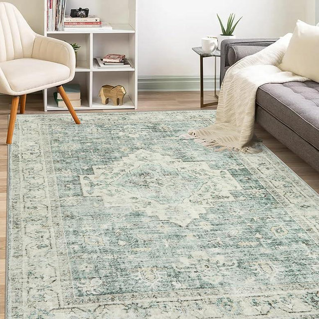 LIVEBOX Sage Green Area Rug 4x6 - Oriental Area Rug for Bedroom, Non-Slip Vintage Rug for Nursery Room, Antique Collection Area Rug for Living Room, Dining Room Rugs for under Table
