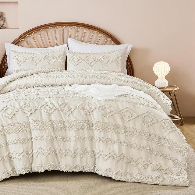 Andency King Comforter Set Boho Beige, Fluffy Soft Bedding Sets, Farmhouse Shabby Chic Tufted Textured Comforter, 3 Pieces All Season for Men Women
