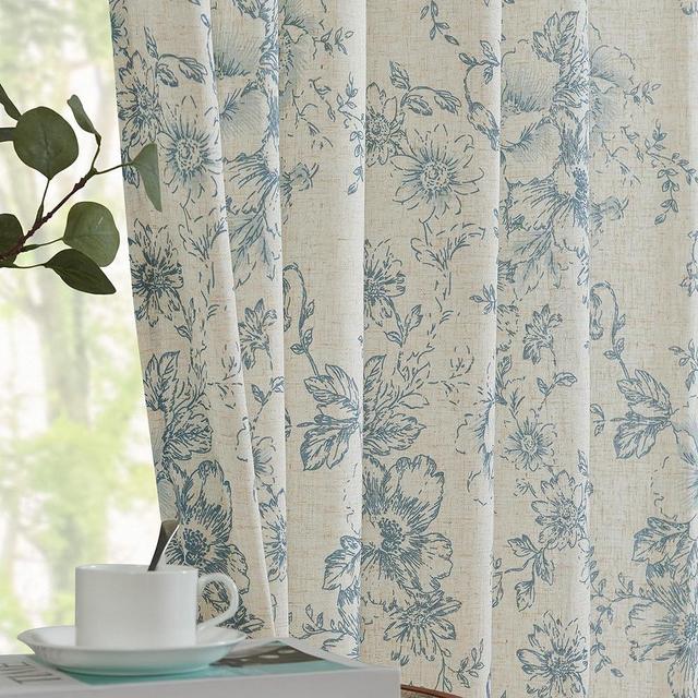 jinchan Linen Curtains Floral Curtains for Living Room 90 Inch Length Blue Printed Curtains Rod Pocket Back Tab Farmhouse Peony Flower Patterned Drapes Bedroom Window Curtain Set 2 Panels