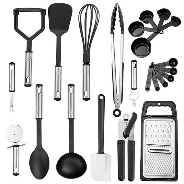 LANGCA Kitchen Utensil Set, 23 Pieces of Nylon and Stainless Steel Kitchen Utensils, Non-Stick Heat-Resistant Cookware Set, Kitchen Accessories Cookware Set,Black