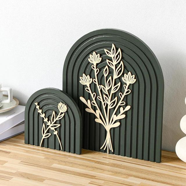 Cinnvoice Set of 2 Wood Rainbow Arch Boho Decor for Wall Shelf Mantel Counter Table Floral Mid Century Home Decor for Living Room Kitchen Bedroom Nursery