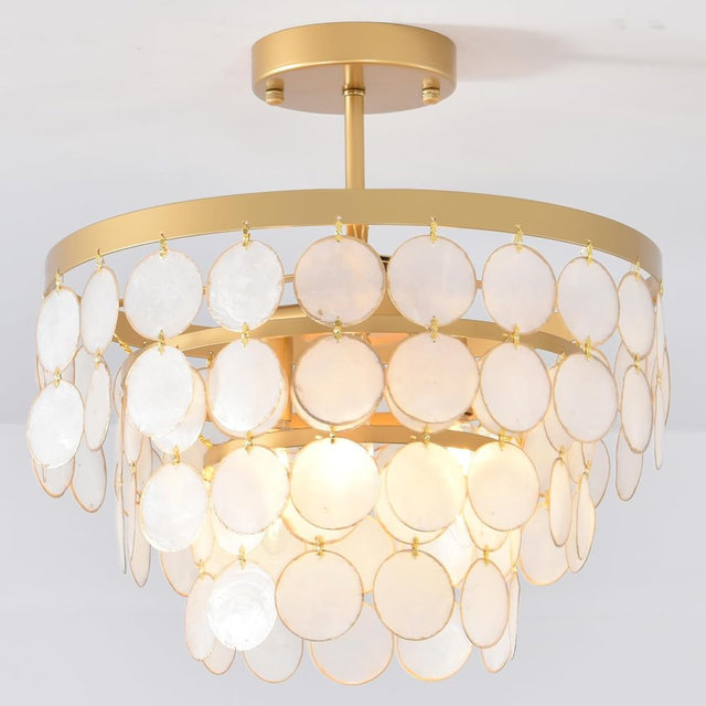 Topaluce 13.8" Boho Capiz Shell Ceiling Light Flush Mount Modern 3-Light Gold Chandeleir for Bedroom Kitchen Island Foyer Entryway