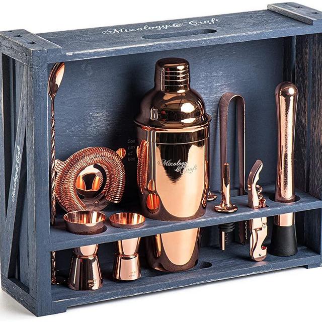Mixology Bartender Kit: 11-Piece Copper Bar Set Cocktail Shaker Set with Rustic Wood Stand | Perfect Home Bartending Kit with Rose Gold Bar Tools and Martini Shaker for Foolproof Drink Mixing