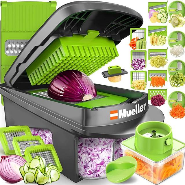 Mueller Pro-Series All-in-One, 12 Blade Vegetable Chopper, Mandoline Slicer, Vegetable Slicer and Spiralizer, Cutter, Dicer, Food Chopper, Grater, Kitchen Gadgets Sets with Container