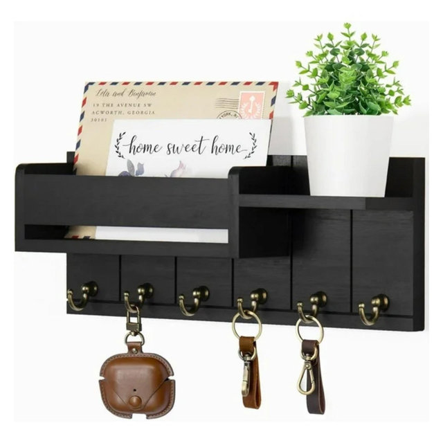 LunaLulinlk Key Holder Wall Mount, Decorative Key Rack and Mail Organizer with 6 Key Hooks, Wooden Key Hanger with Shelf