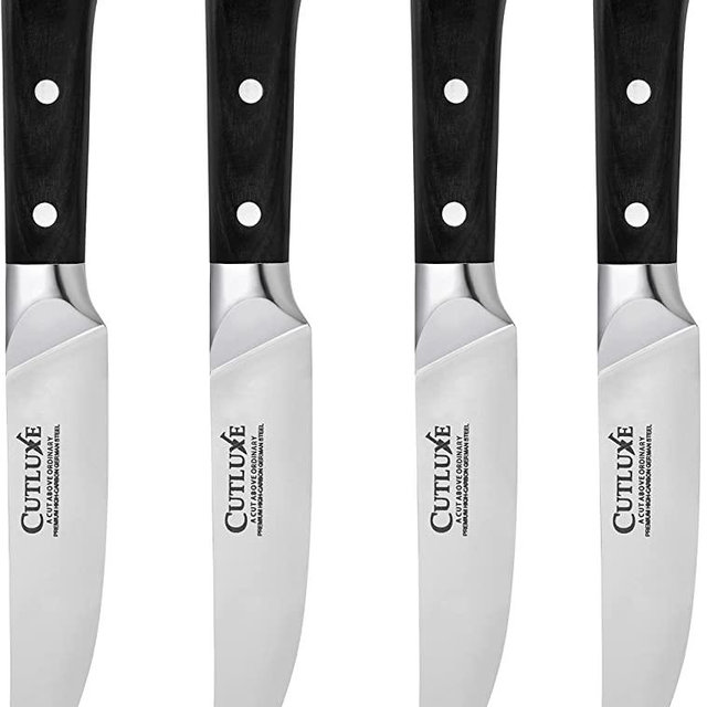CUTLXUE Steak Knives – Plain Edge Steak Knife Set of 4 – Forged High Carbon German Steel – Full Tang – Ergonomic Handle Design – Artisan Series