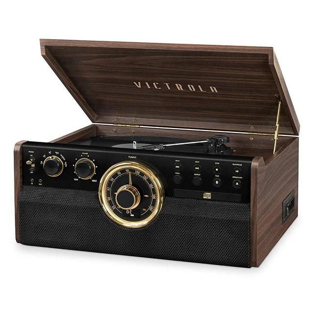 Victrola Empire Mid-Century 6-in-1 Turntable with 3 Speed Record Player, Bluetooth Connectivity, Radio, Cassette and CD Player (Espresso)