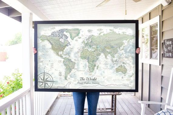 Push Pin World Map, Personalized Map, The Darwin World Map is an old world design with modern geography, Professional Cartography