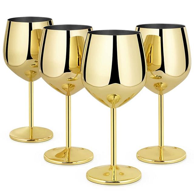 Lifecapido Stainless Steel Wine Glasses Set of 4, 18oz Stainless Steel Wine Goblets, Stemmed Metal Wine Glasses with Cup Brush for Party Office Wedding Anniversary, Great for Red White Wine (Gold)