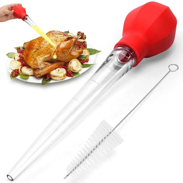 SCHVUBENR Large Turkey Baster with Cleaning Brush - Premium Baster Tool for Cooking - Easy to Use & Clean - Powerful Bulb Baster Syringe - Dishwasher Safe - Thanksgiving, Christmas Essentials - Red